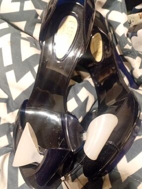Furla Black Patent Peep-Toe Heels with Cream Bow Accent